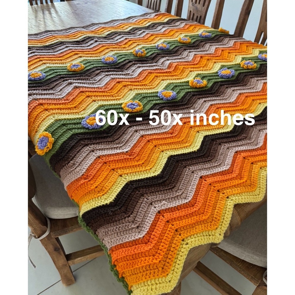 Crochet Afghan Throw Blanket 60x50 In Orange Tassels Zig Zag Handmade